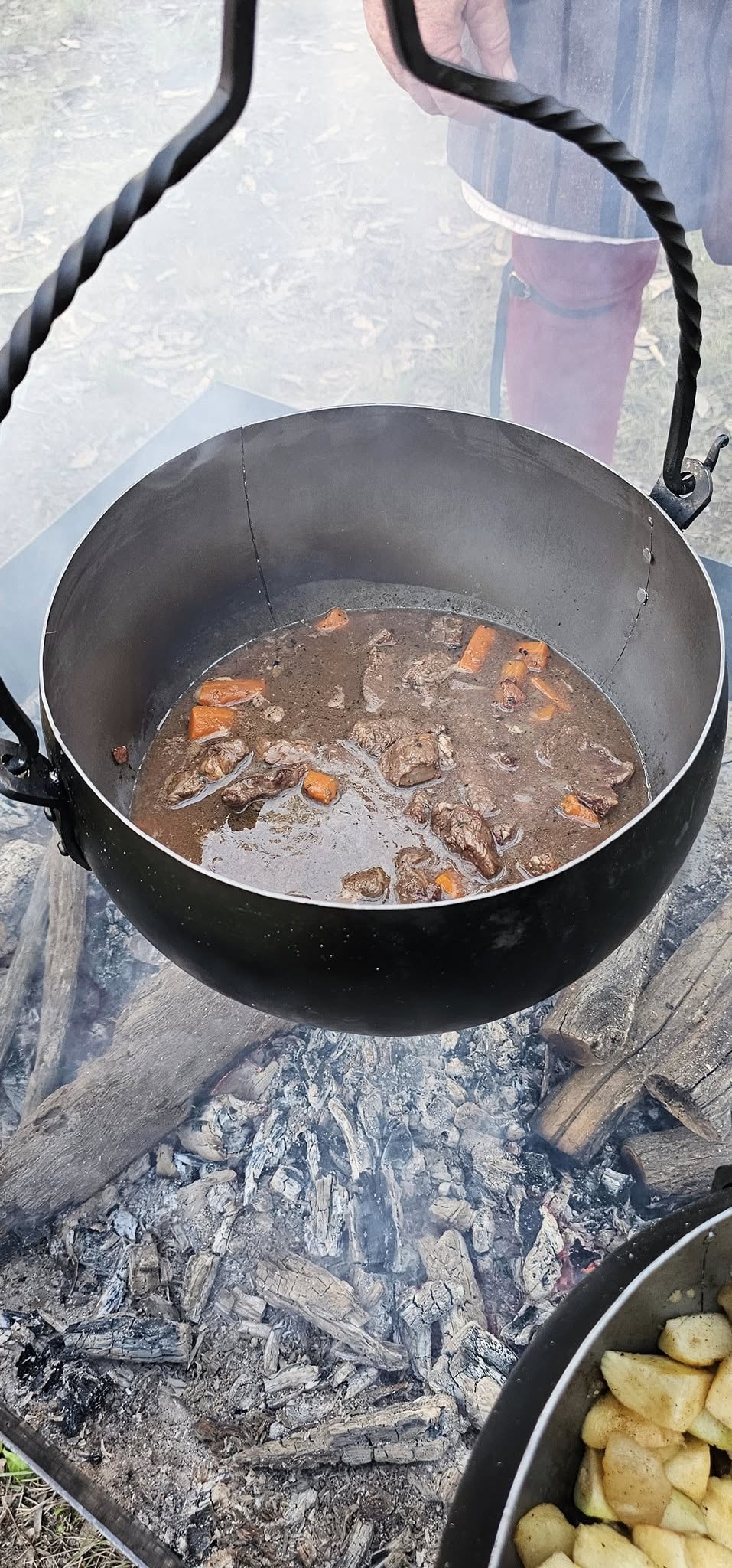 Stew cooking in camp pot